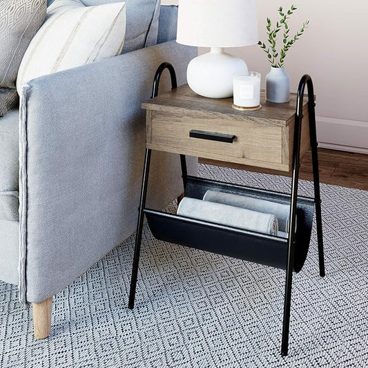 Nathan James 32502 Hugo Wood Nightstand, Rustic Accent End or Side Table with Drawer, Durable Black Metal Frame & Leather Hammock, Gray/Black