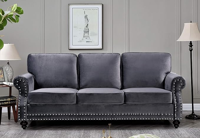 Container Furniture Direct Lotus Mid Century Modern Velvet Upholstered Living Room Rolled Arms, Sofa and Loveseat, Fossil Grey
