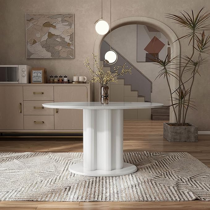 Homes: Inside + Out Elara Modern 54-inch Oval Dining Table with Fluted Pedestal Base, Seats up to 4, for Home Kitchen, Living Room, Glossy White
