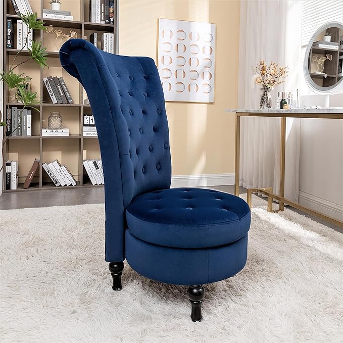 Royal High-Back Velvet Accent Chair for Vanity with Storage and Luxurious Upholstery, Retro Design and Versatile Usage for Living Room, Bedroom, Lounge and Office, Dark Blue