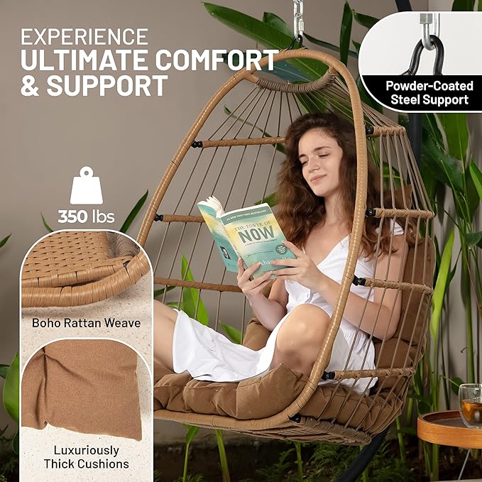 SereneLife Egg Chair with Stand – Hanging Rattan Wicker Swing for Indoor Outdoor Use – 350 lbs Capacity, Breathable Cushion & Headrest – Patio, Balcony, Porch, Bedroom Lounge Furniture