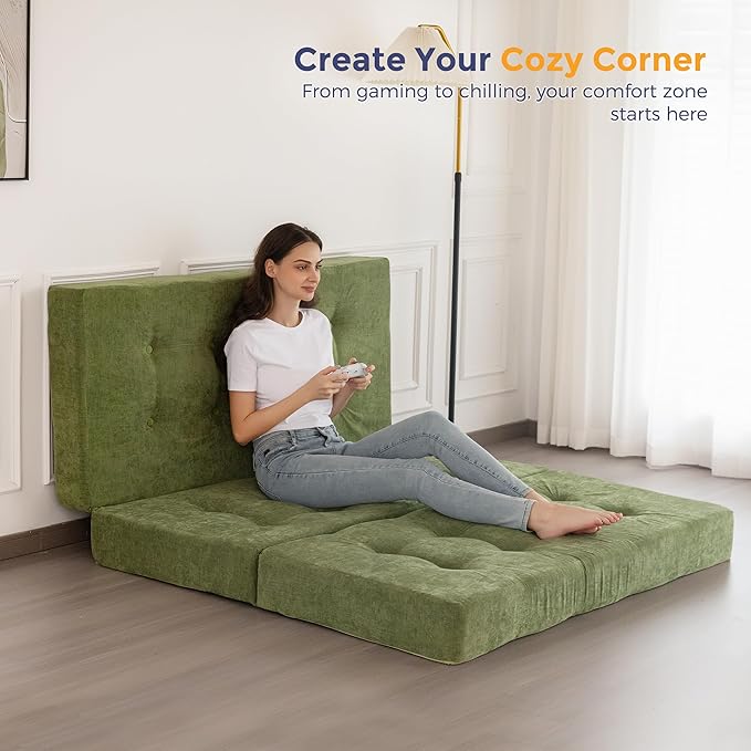 MAXYOYO Tri-Fold Mattress, 6 Inch Tufted Folding Mattress with Chenille Fabric, Portable Full Size Floor Guest Mat for Adults, Foldable Topper for Camping, Green, 53"x75"