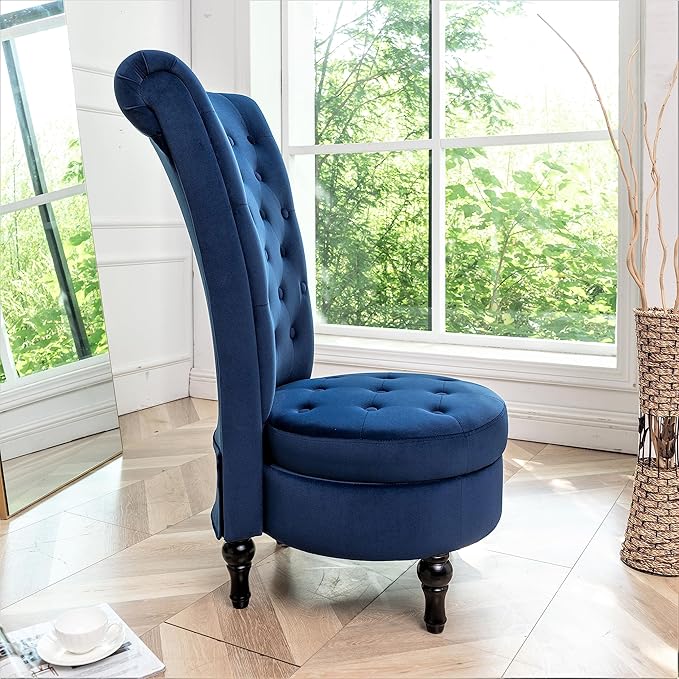 Royal High-Back Velvet Accent Chair for Vanity with Storage and Luxurious Upholstery, Retro Design and Versatile Usage for Living Room, Bedroom, Lounge and Office, Dark Blue