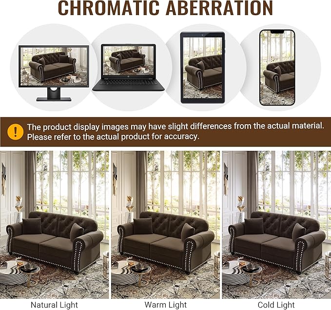 KEIKI 3-Piece Chesterfield Sofa Set with 1 Velvet 3-Seater Sofa & 1 Loveseat & 1 Single Sofa, 6-Seater Couch Set with Nailhead Trim & Rolled Arms & 1 Ottoman & 6 Pillow, for Living Room, Brown
