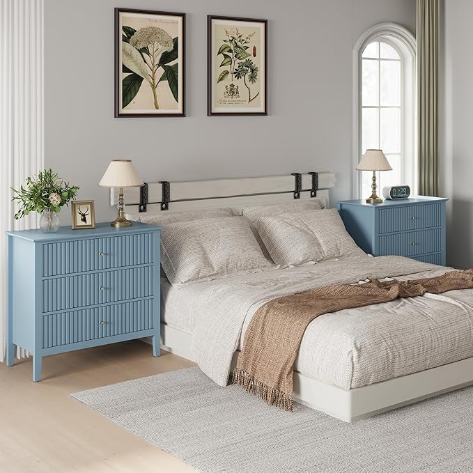 RoyalCraft Fluted 3 Drawer Dresser Set of 2, 32'' Wide Dresser Nightstand for Bedroom, Modern Wood Chest of Drawers, Large Painted Nightstand with 3 Drawers for Closet, Hallway, Entryway, Light Blue