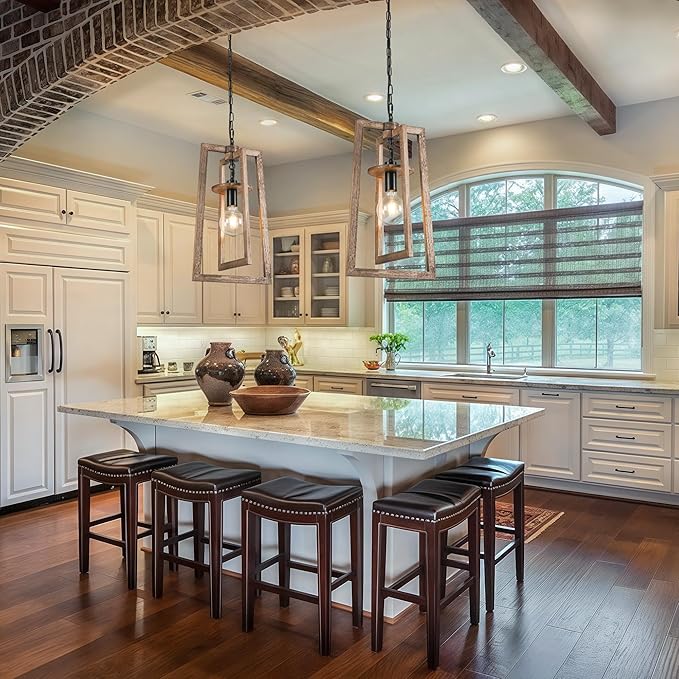 12.3'' Dining Room Light Fixtures Wood Pendant Light Adjustable Farmhouse Chandelier Semi Flush Mount Ceiling Light for Kitchen Island Dining Room Entryway Living Room Entrance Hall