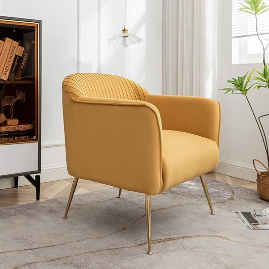 Contemporary Velvet Accent Chairs for Living Room, Bedroom and Entryway, Modern Armchair with Sleek Metal Legs, Elegant Seating Solution for Small Spaces, Mustard Yellow