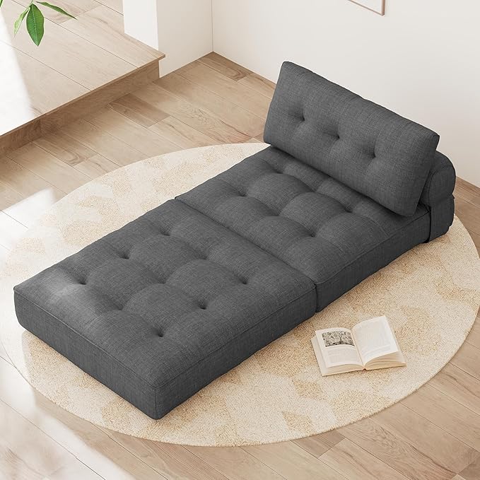 KINGYES Folding Chair Bed, 3 in 1 Convertible Sleeper Chair with Pillow, Foldable Futon Chair for Living Room, Gray