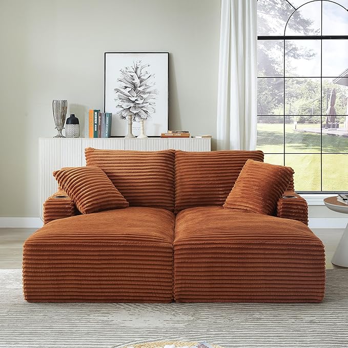 KEIKI Compressible Double Chaise Lounge with Cupholders, Comfortable Corduroy Sleeper Loveseat for Home Office or Studio, Boneless Chaise Lounge Indoor with Spring Support, No Assembly Required