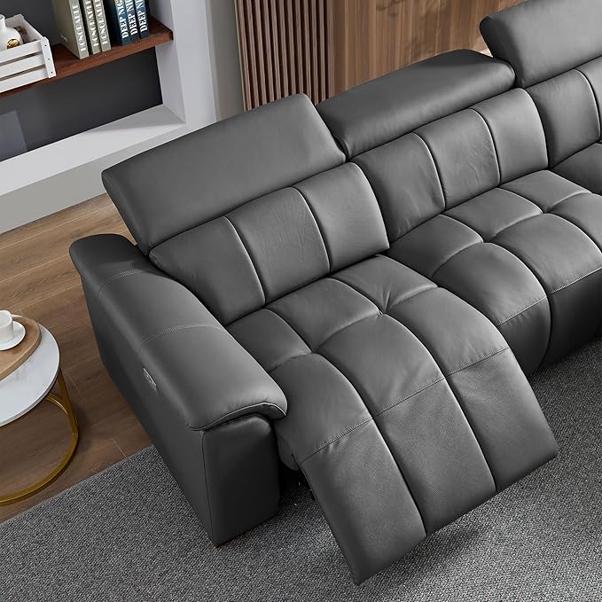 KEIKI 113" L-Shaped Genuine Leather Wall-Hugger Reclining Sofa with Right Chaise, Adjustable Backrest & Footrest, Modern Electric Control 3-Seater Couch with USB, for Living Room, Dark Grey
