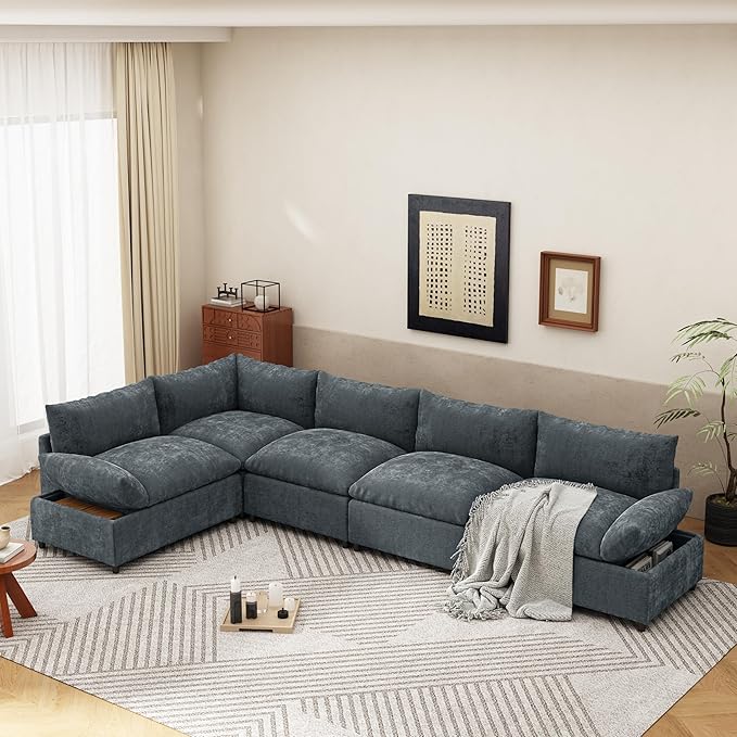 Merax 115.5" Modular Sectional Sofa, Upholstery 5 Seat Versatile Couch Set, L Shaped Indoor Furniture with Plush Cushions, Hidden Storage Compartments for Living Room, Lounge, or Office, Dark Gray