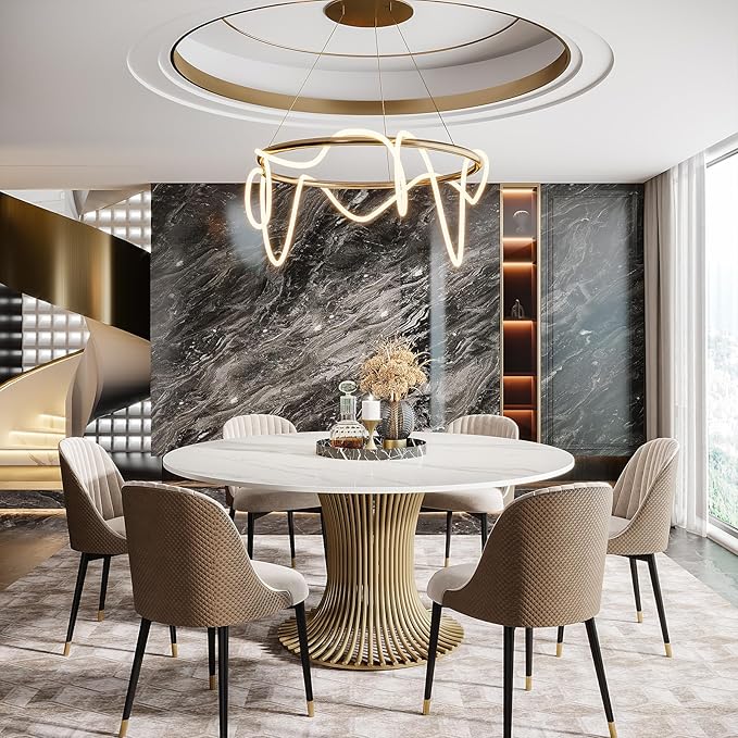 Tribesigns 59" Modern Sintered Stone Round Dining Table for 6-8, Luxury White Kitchen Table with Golden Stainless Steel Pedestal for Dining Room,Living Room (Only Table)