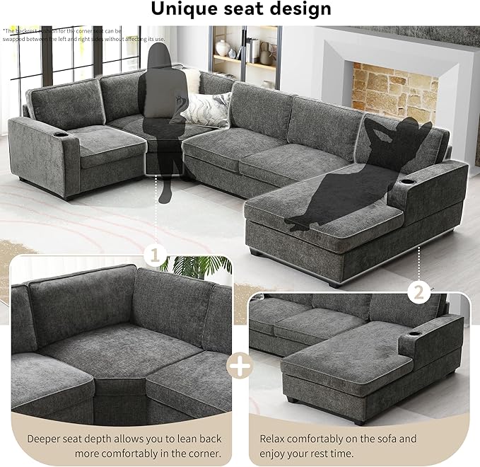 Merax Modern U-Shaped Cloud Couch Set with Oversized Chaise Lounge, Chenille 6-Seat Sectional Sofa Sleeper Bed with Cup Holders for Living Room Dark Gray