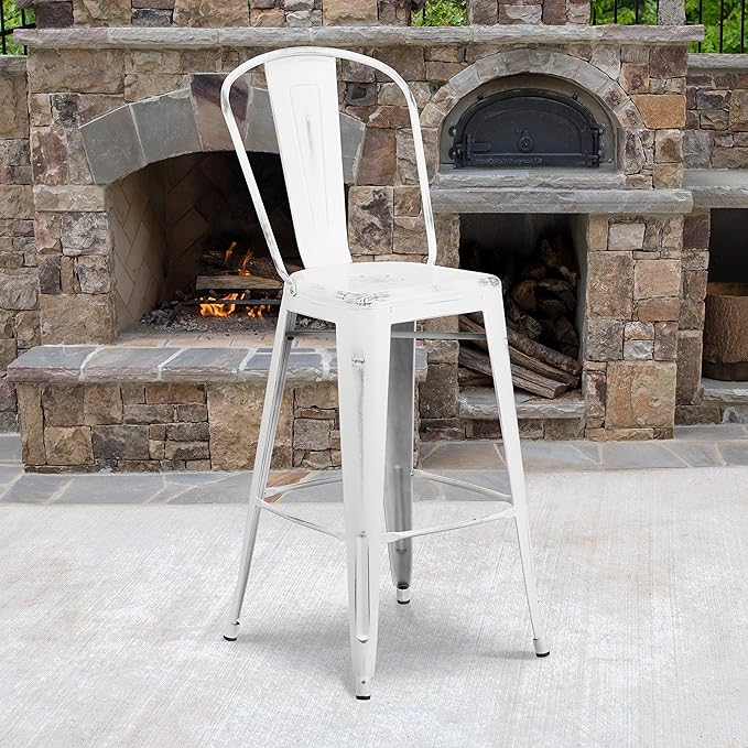 Flash Furniture Commercial Grade 30" High Distressed White Metal Indoor-Outdoor Barstool with Back
