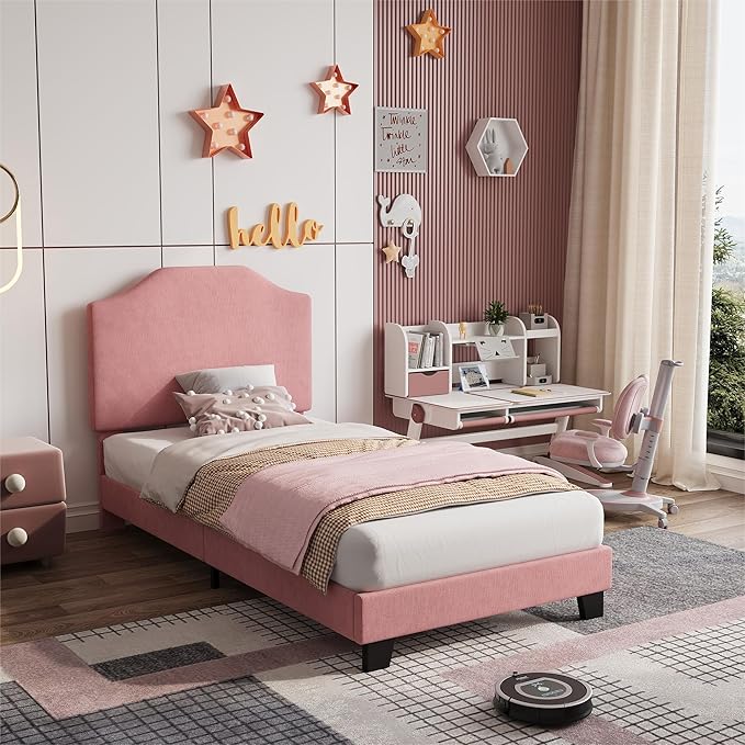 Twin Size Velvet Bed Frame, Corduroy Upholstered Twin Bed Frames Platform with Adjustable Headboard, Cute Velvet Twin Bed, Strong Wooden Slats, No Box Spring Needed, Noise Free, Easy Assembly, Pink