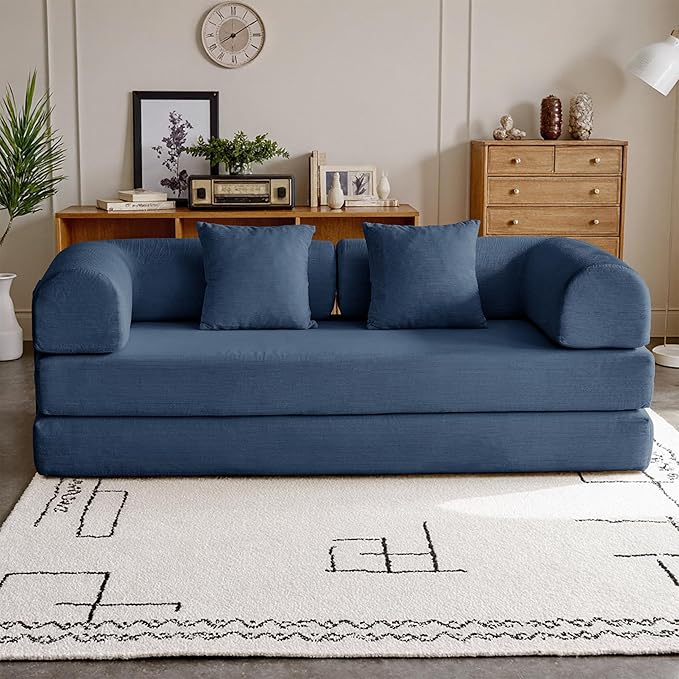 87'' Convertible Compressed Corduroy Folding Cloud Sofa Bed, Modern Modular Boneless Pull Out 3 Seater Sleeper in a Box, 5 in 1 Foldable Floor Mattress Couch, No Assembly Needed, Blue, Pillows, King