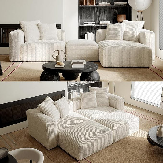 Acanva Corduroy Convertible Modular L Shaped Sectional Sofa, 4 Seater Free Combination Corner Couch, Convertible to DayBed, Wide Loveseat with Moveable Ottomans for Small Spaces, Sleeper Bed, White