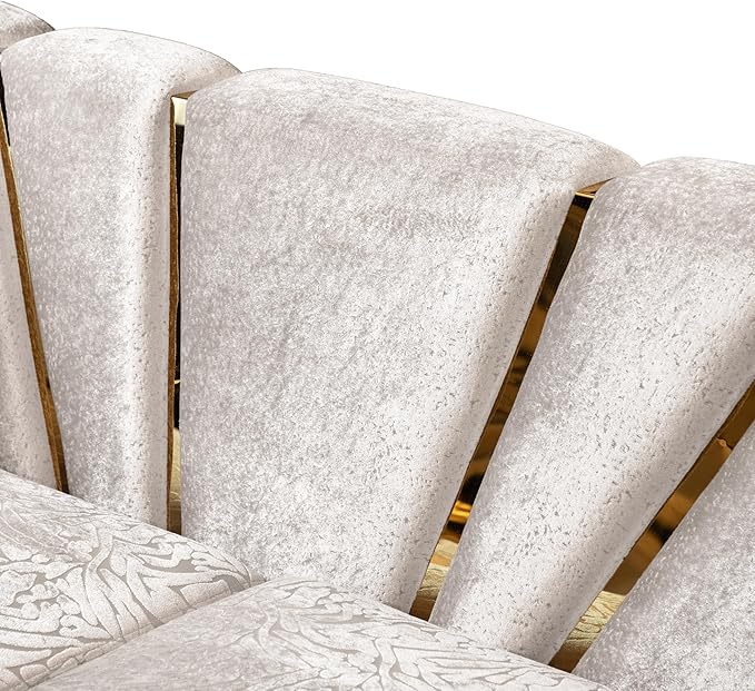 Furniture of America Samison II Glam Solid Wood Upholstered Couch with Accent Pillows, Damask Pattern and Gold Base, Comfortable Sofa for Living Room, Bedroom, Office, Beige