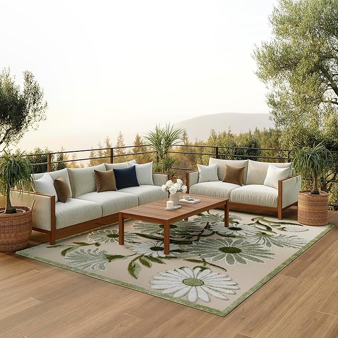 Nourison Home Aloha Ivory Green 10' x 14' Area Rug - Easy Clean, Non Shedding, Bed Room, Living Room, Dining Room, Kitchen (10' x 14')
