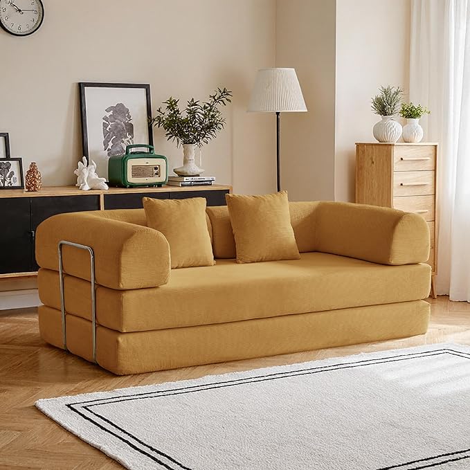 79'' Convertible Compressed Corduroy Folding Cloud Sofa Bed, 5 in 1 Modern Modular Boneless Pull Out Loveseat Sleeper in a Box, No Assembly Foldable Floor Futon Couch for Home, Yellow, Pillows, King