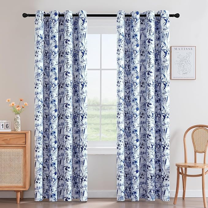 H.VERSAILTEX Blackout Curtains 84 Inch Length 2 Panels Set Floral Print Curtain Drapes for Living Room Thermal Insulated Grommet Window Curtains for Bedroom - French Jouy Flora in Blue