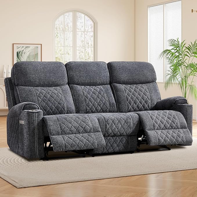 EBELLO Power Reclining Sofa Couch, Fabric Electric Recliner 3 Seater Sofa with Cup Holders, USB and Type-C Charging Ports and Storage Space, 3 Seats for Small Living Room, Bedroom, Meeting Room, Grey