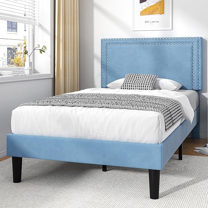VECELO Twin Size Platform Bed Frame with Adjustable Upholstered Headboard, Strong Wood Slat Support, No Box Spring Needed, Easy Assembly