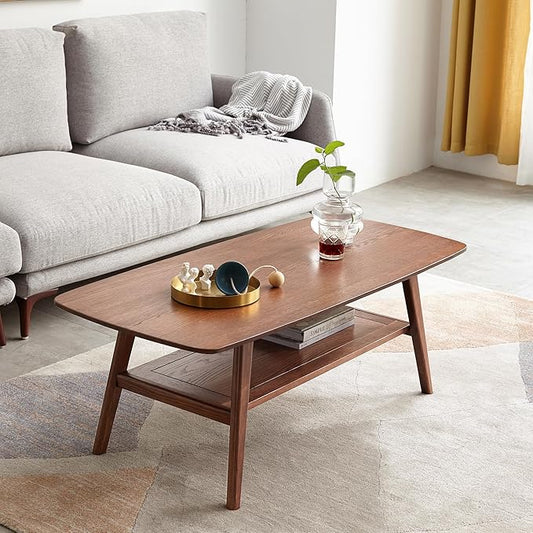 Ball & Cast 39.37" Solid Wood Coffee Table, Mid Century Center Table with Shelf Storage, 2-Tier Small Coffee Table with Rounded Edges for Living Room, Easy to Assemble,Walnut