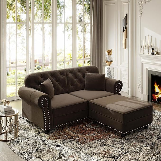 KEIKI 63" Velvet Chesterfield Sofa with Rolled Arms & Nailhead Trim & 1 Ottoman, Modern 2-Seater Button Tufted Couch with High Resilience Cushion & 2 Pillow, Easy Assembly, for Living Room, Brown