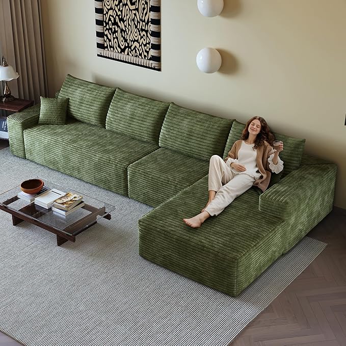 135" Corduroy Couch Sectional with Chaise, L Shape Boneless Cloud Couches for Living Room Bedroom, Fluffy Deep Seat Compression Sofa, Modular Corner Couch No Assembly, Right Facing Chaise, Green