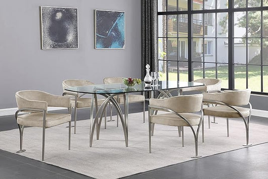 Meridian Furniture 554-T Madelyn Collection Modern | Contemporary Brushed Chrome Base Dining Table with 15MM Glass Thickness, 87" W x 39.5" D x 30" H, Silver