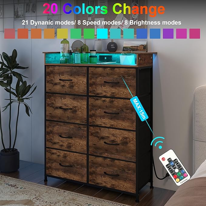 Tall Dresser for Bedroom with Charge Station 8 Drawers Dresser with LED Lights Chest Organizer Units for Hallway Entryway Closets Sturdy Steel Frame Wood Top Easy Pull Handle Rustic Brown