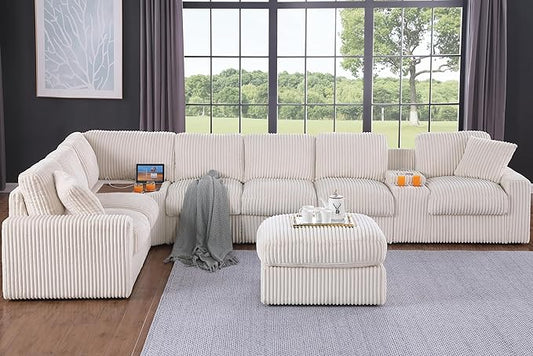 Ball & Cast 157" Oversized Modular Sectional Sofa L-Shaped,Large Corduroy Upholstered Couch 8 Seat with Ottoman,Cup Holders & USB Ports,Comfty Sectionals W/Pillows & Storage Box,for Living Room,Beige