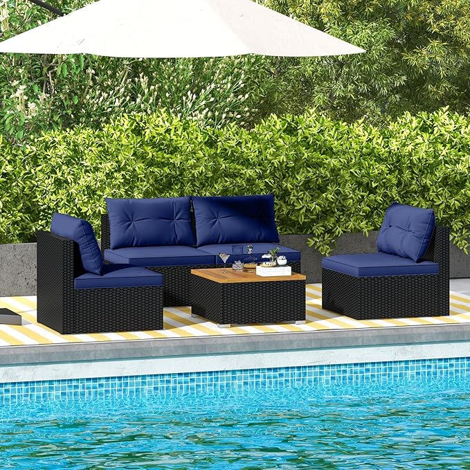 Tangkula 5 Piece Rattan Sofa Set, Outdoor Wicker Furniture Set w/Seat & Back Cushions, Square Coffee Table, Patio Sofa Set for Backyard, Poolside (Navy)