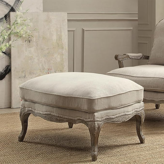 Lexicon Parlier Show Wood Ottoman - Rectangle Ottoman Pouf Foot Rest, Floral Motif, Solid Wood Frame, Feathered Down Filled Cushion, Fully Assembled, 32" L x 25.5" W x 20.5" H, Neutral