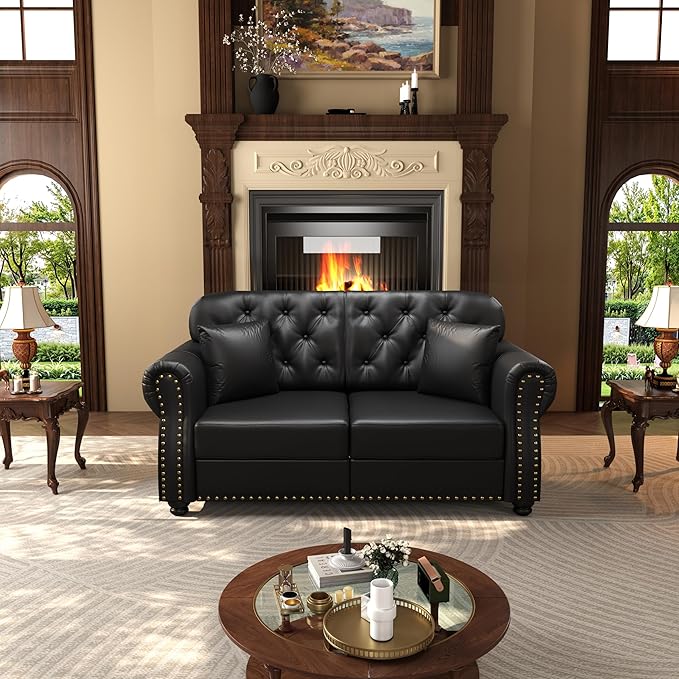 KEIKI 63" Faux Leather Chesterfield Sofa with Rolled Arms & Nailhead Trim & 2 Ottoman, 2-Seater Button Tufted Couch with High Resilience Cushion & 2 Pillow, Easy Assembly, for Living Room, Black