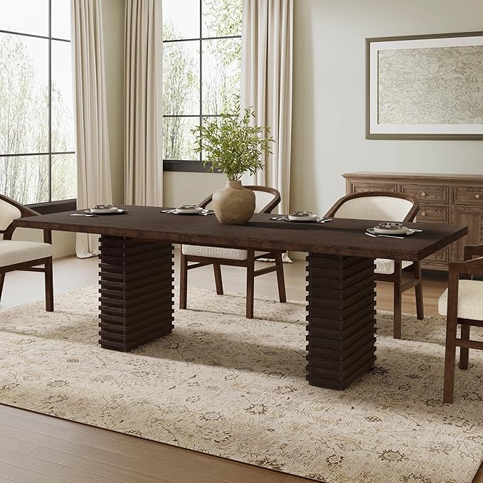 Christopher Knight Home Kaiya Modern Minimalist Wood Dining Table for 6-10 People, Rectangular Dining Room Table, Pedestal Kitchen Table, Ideal for Restaurant/Family Gatherings, Dark Brown