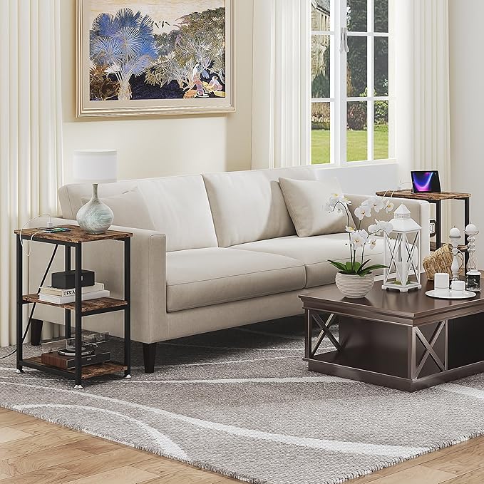 VECELO Tall End Table with Charging Station, Side Table with USB Ports and Outlets, 30" Height Nightstand with 3-Tier Storage Shelf for Living Room Bedroom Office Hallway Study