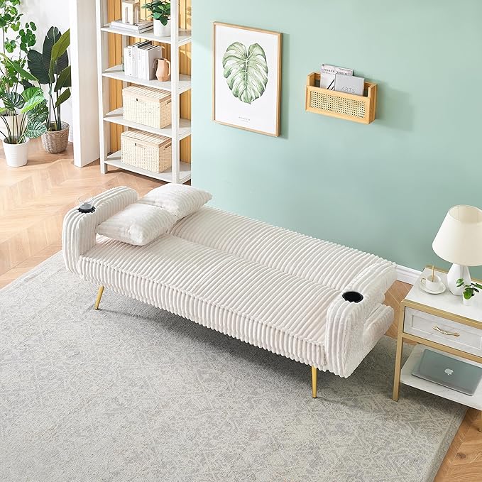 Luxury Plush Corduroy Upholstered Futon Sofabed Living Room Loveseat Sofa Convertible Sleeper Couch Bed with Style Armrests,Cupholders and Pillows, Love Seat Sofa&Couch for Home/Studio/Apartment