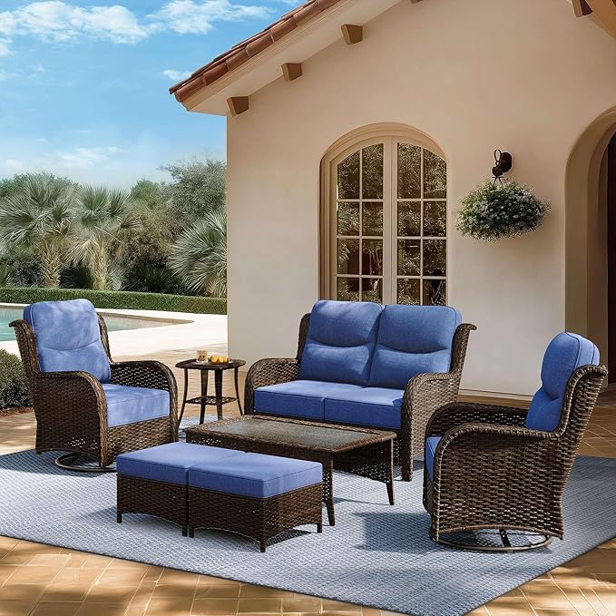 High Back Outdoor Furniture with Extra Thick Cushion Patio Swivel Rocking Chairs, Comfort Loveseat, 7PCS Oversized Wicker Conversation Set for Porch, Deck, Yard in Blue