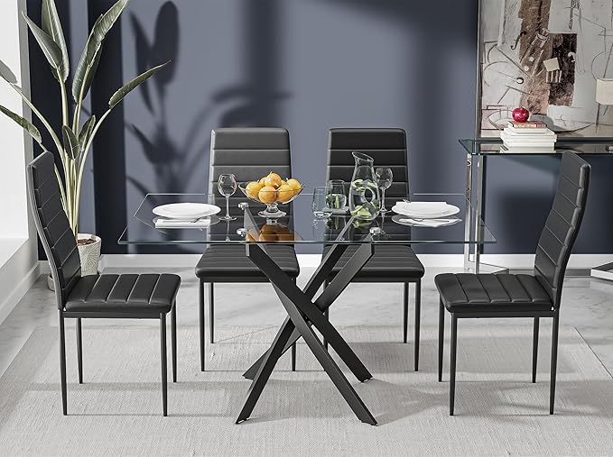 Tempered Glass Dining Table with Black Metal Legs, 47" Modern Rectangular Kitchen Table for Dining Room Kitchen (47.24" * 31.5", Black)