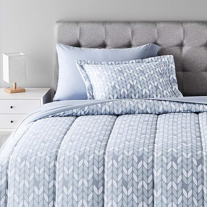 Amazon Basics Twin/Twin XL Comforter Bedding Set with Printed Sheets, 5-Piece, Gray Leaf, Lightweight Microfiber Bed-in-a-Bag, Machine Washable