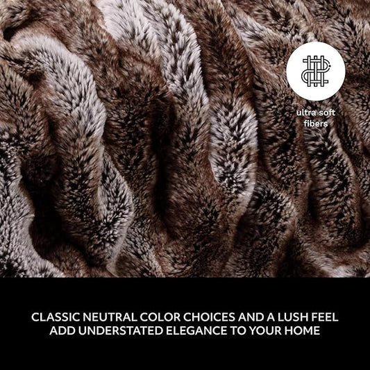 Mon Chateau 60" x 70" Reverie Faux Fur Throw, Reversible Soft Blanket for Queen-Size Bed, Couch, or Sofa, Cozy Home Decor and Stylish Living Room Comfort, Cedarwood Ruched
