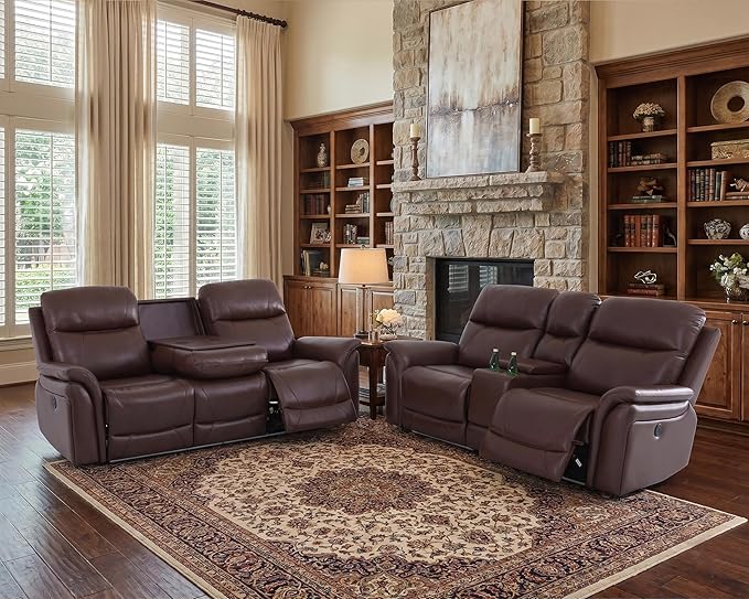 2 Piece Power Recliner Sofa for Living Room, Breathing Leather Reclining Couch and Loveseat Set with LED Lighting, Cup Holders, Storage Console&USB Port for Home Theater Seating (Brown)