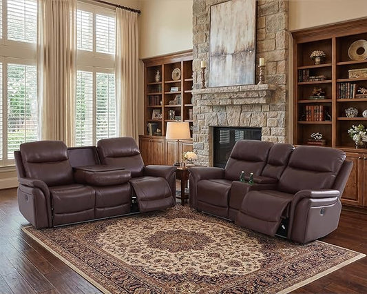 2 Piece Power Recliner Sofa for Living Room, Breathing Leather Reclining Couch and Loveseat Set with LED Lighting, Cup Holders, Storage Console&USB Port for Home Theater Seating (Brown)