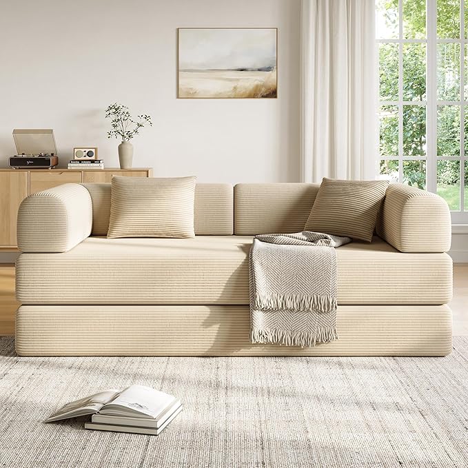 79in Convertible Sofa Bed, Corduroy Boneless Couch Bed, Futon Sleeper Sofa Pull Out Bed, Foldable Couch for Living Room Apartment, No Assembly Required
