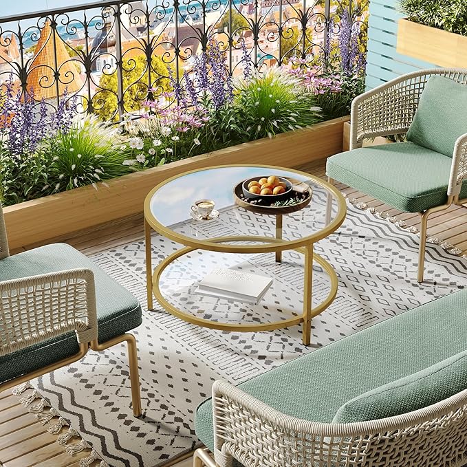 SAYGOER Round Glass Coffee Table 2 Tier Coffee Tables with Storage Shelf for Large or Small Space Modern Simple Center Table with Gold Frame for Living Room Home Office, Easy Assembly…