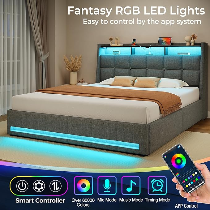 Rolanstar Full Size Bed Frame with RGB LED Lights & Charging Station, Upholstered Storage Headboard with 4 Drawers, Heavy Duty Metal Frame, No Box Spring Needed, Easy Assembly