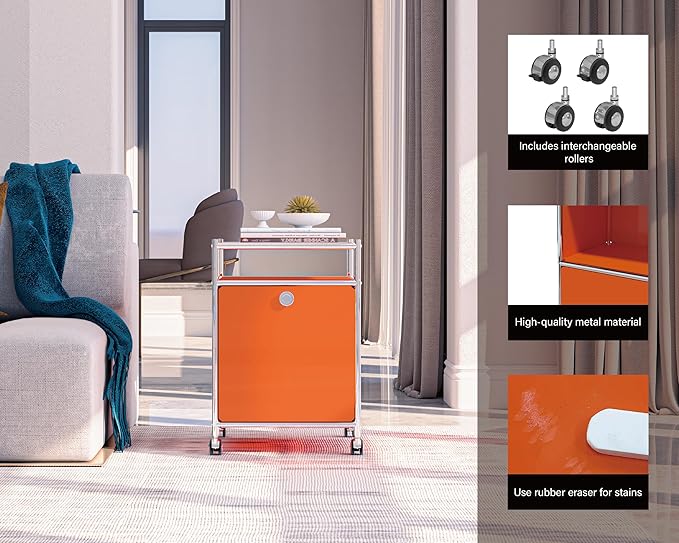 Elegant Matte Storage Cart with 22.8" Height - Perfect Side Table, Night Stand - Large Capacity with Flap Door, Detachable Wheels - Ideal for Home, Office, Bedroom, Kitchen (Orange)