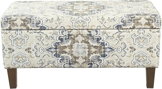 HomePop Ottomon Upholstered Rectangular Storage Ottoman Bench with Hinged Lid, Antiqued Medallion Print Ebony and Cream